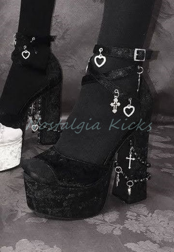 Women'S Shoes Peep Toe - Gothic Black Velvet Platform High Heel