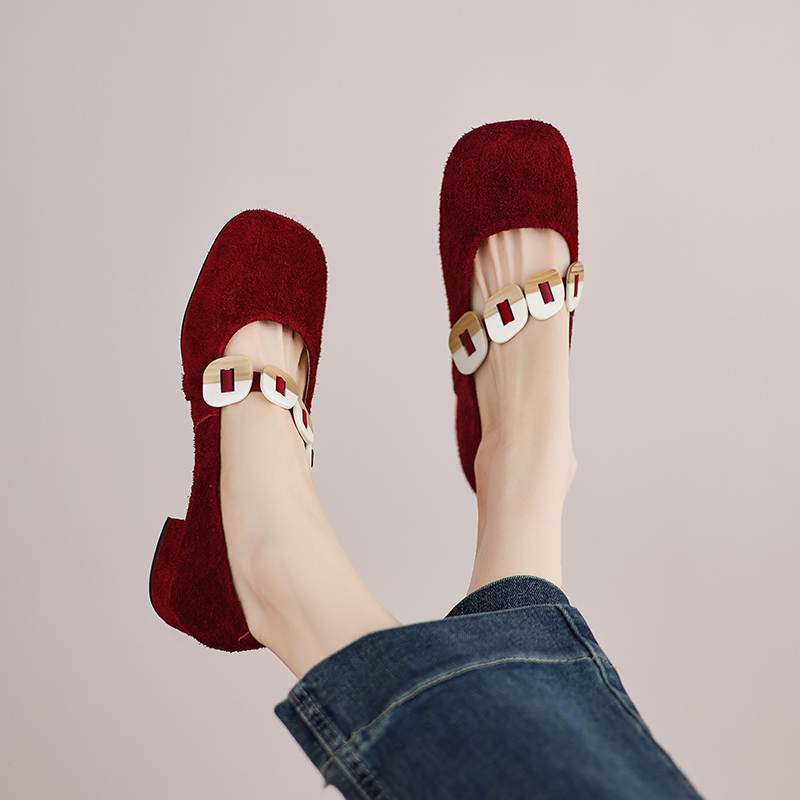 Low Block Heel Pump - Women Mary Jane Flats Cow Suede