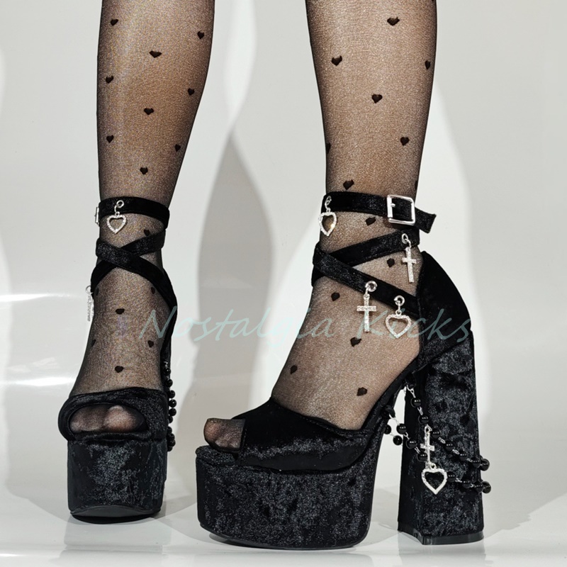Gothic Black Velvet Platform H - Women'S Shoes Peep Toe บทวิจารณ์และราคา