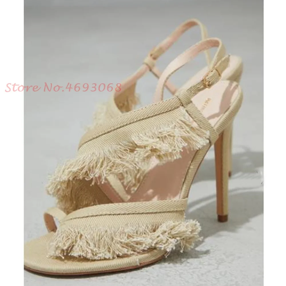 Beige Fringes Cloth Sandals Fo - Wide Fit Heels บทวิจารณ์และราคา