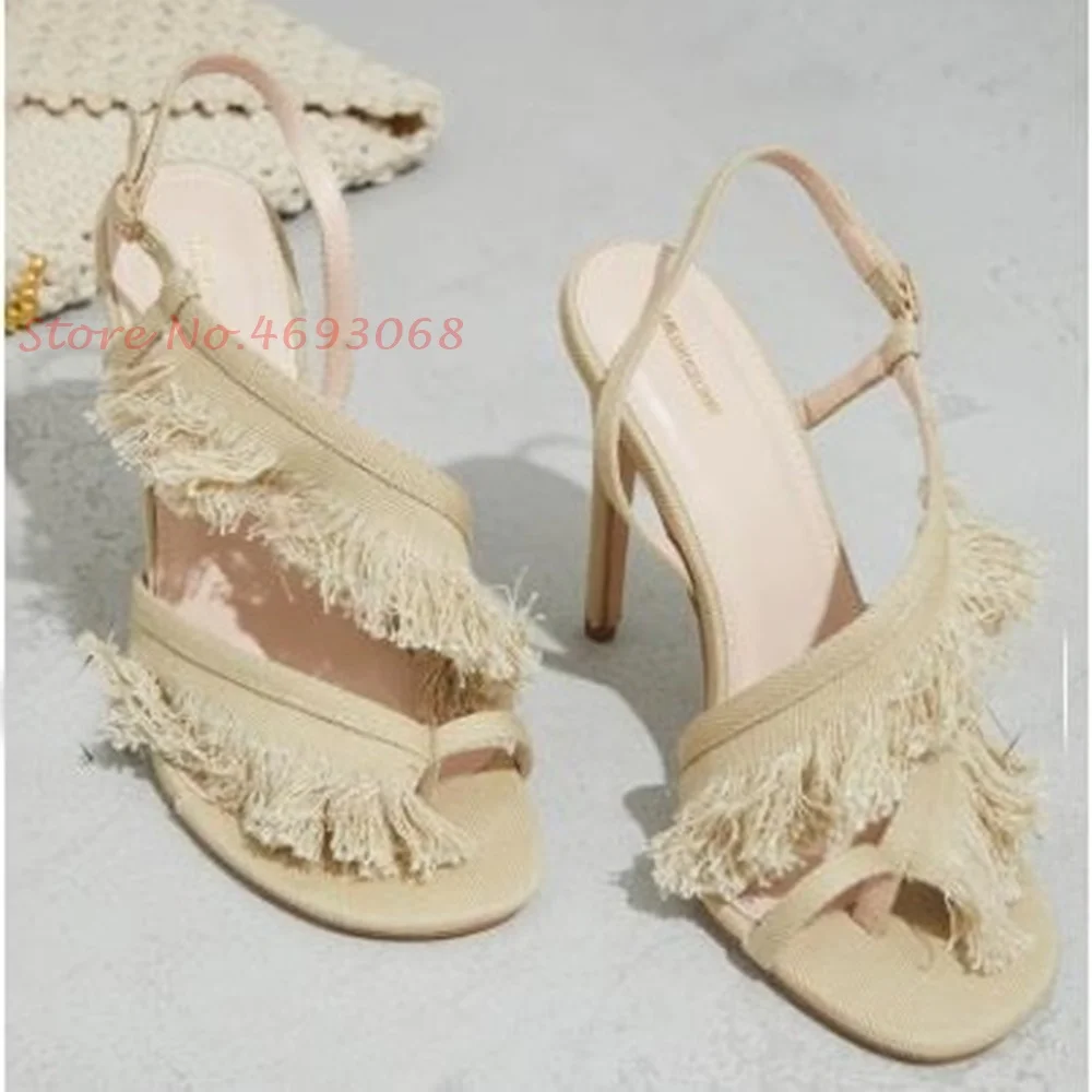 Beige Fringes Cloth Sandals Fo - Wide Fit Heels บทวิจารณ์และราคา